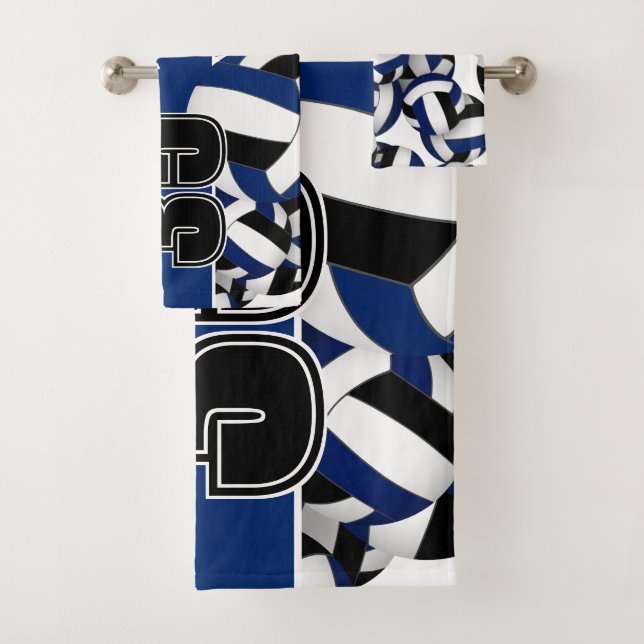 Lots of volleyballs custom player name blue black bath towel set (Insitu)