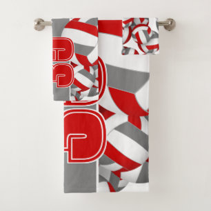 Lots of volleyballs custom team name red gray bath towel set