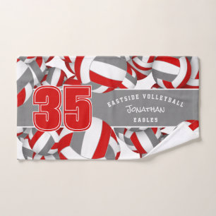 Lots of volleyballs custom team name red grey hand towel