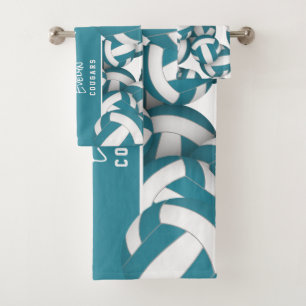 Lots of volleyballs team name teal white bath towel set