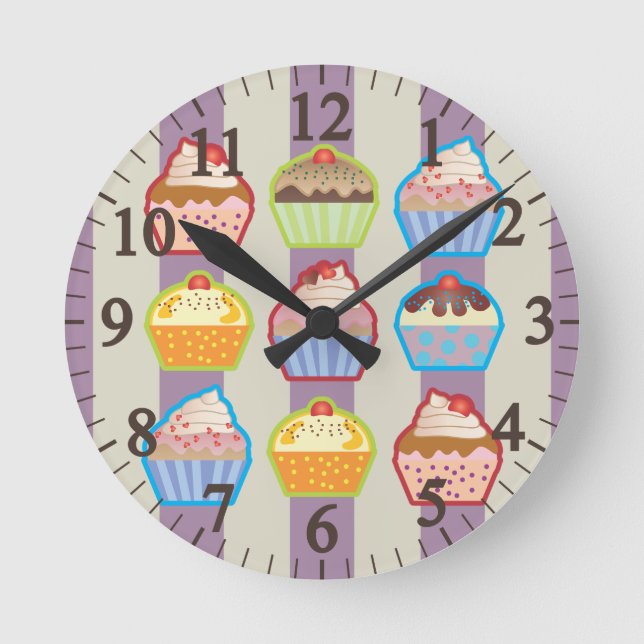 Lotsa Cupcakes Purple Stripes Round Clock (Front)