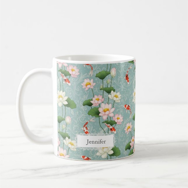 Lotus and Koi fish Beautiful Zen Art Personalized Coffee Mug (Left)
