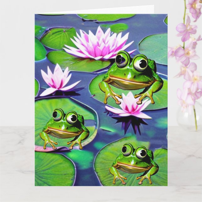 Lotus And Lily Pad Frogs Card (Orchid)