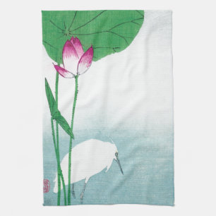 Lotus and White Heron, Koson, Ukiyo-e Kitchen Towel