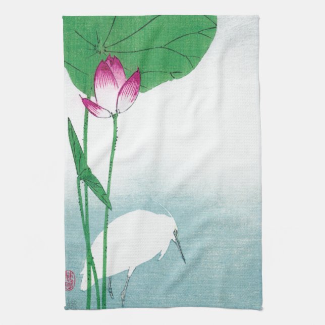 Lotus and White Heron, Koson, Ukiyo-e Kitchen Towel (Vertical)