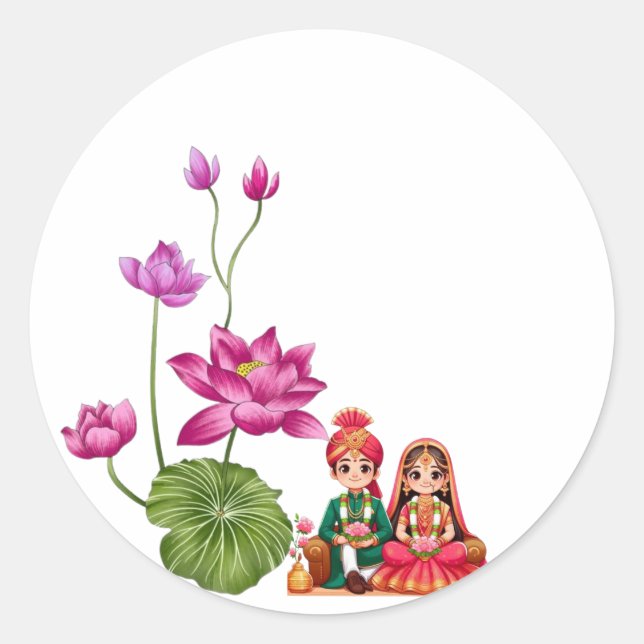 Lotus, bride and groom picture classic round sticker (Front)