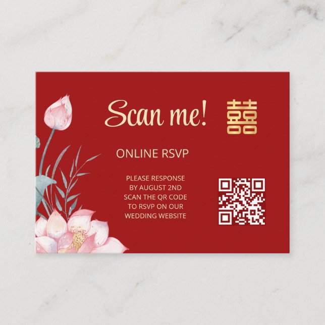 Lotus Chinese Wedding QR Code RSVP Online Enclosure Card (Front)