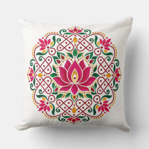 Lotus Diya Kolam Rangoli Indian Festive Floral Throw Pillow