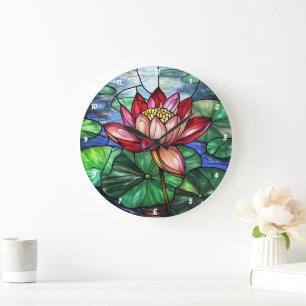 Lotus Floral Pond Stained Glass Large Clock