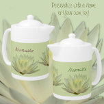 Lotus Floral Waterlily Botanical Pastel Green<br><div class="desc">A pastel yellow and green lotus waterlily adorns this chic photographic teapot. This is a beautiful serene and tranquil floral waterlily design inspired by Zen. The text may be personalized with a Name or your own text. This is original botanical flower photography by JLW_Photography.</div>