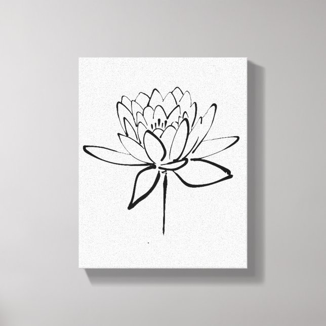 Lotus Flower Black and White Ink Drawing Art Canvas Print (Front)