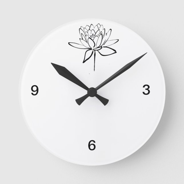 Lotus Flower Black and White Ink Drawing Art Round Clock (Front)