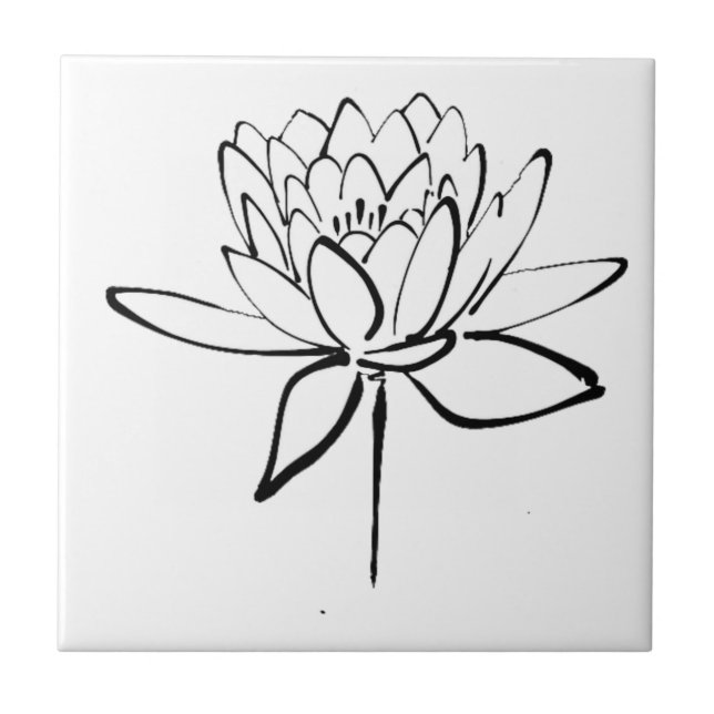 Lotus Flower Black and White Ink Drawing Art Tile (Front)