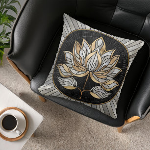 Lotus Flower - Black, Pearl and Gold Throw Pillow