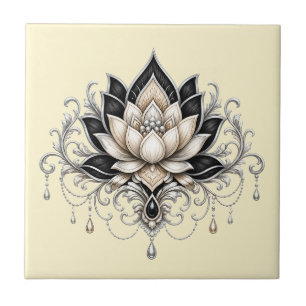 Lotus flower black silver floral indian wall decor tile