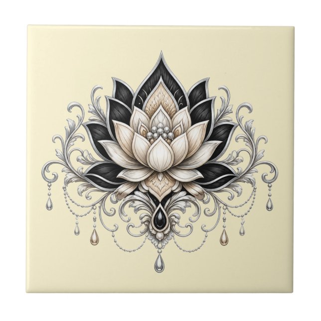 Lotus flower black silver floral indian wall decor tile (Front)