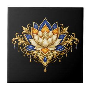 Lotus flower blue gold black floral indian wall tile