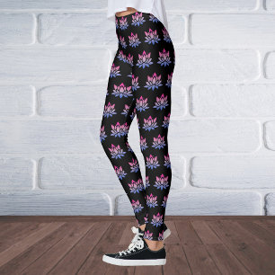 Lotus flower blue pink on black leggings