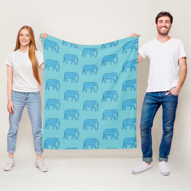 Lotus flower elephant pattern, turquoise fleece blanket (In Situ)