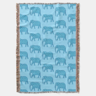 Lotus flower elephant pattern, turquoise throw blanket