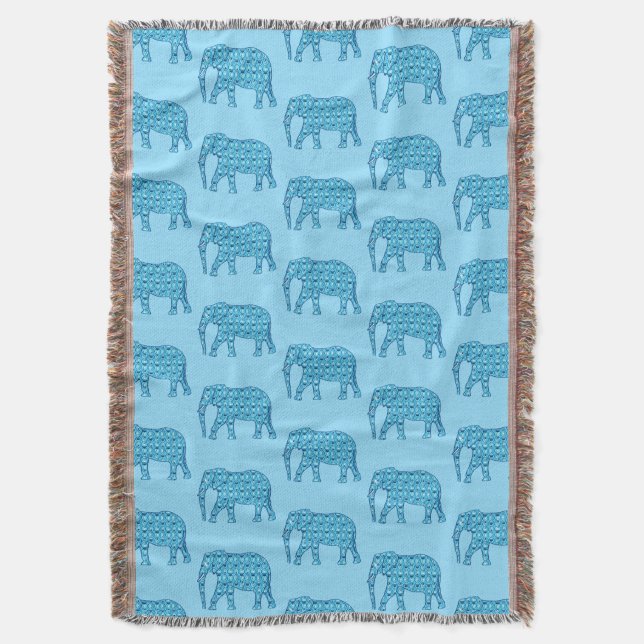 Lotus flower elephant pattern, turquoise  throw blanket (Front Vertical)