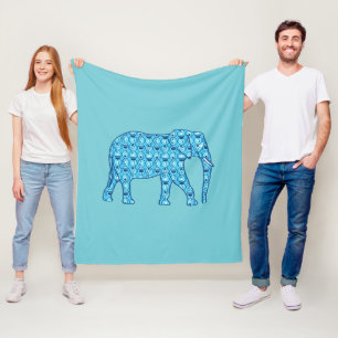 Lotus flower elephant, turquoise and aqua fleece blanket