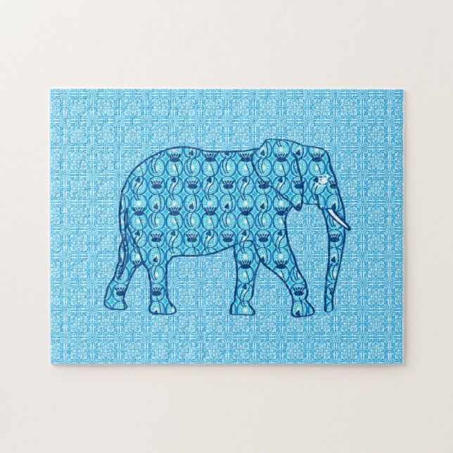 Lotus Flower Elephant, Turquoise and White Jigsaw Puzzle (Horizontal)