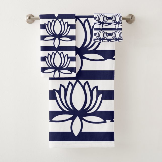 Lotus Flower Floral Stripe Pattern Bath Towel Set (Insitu)
