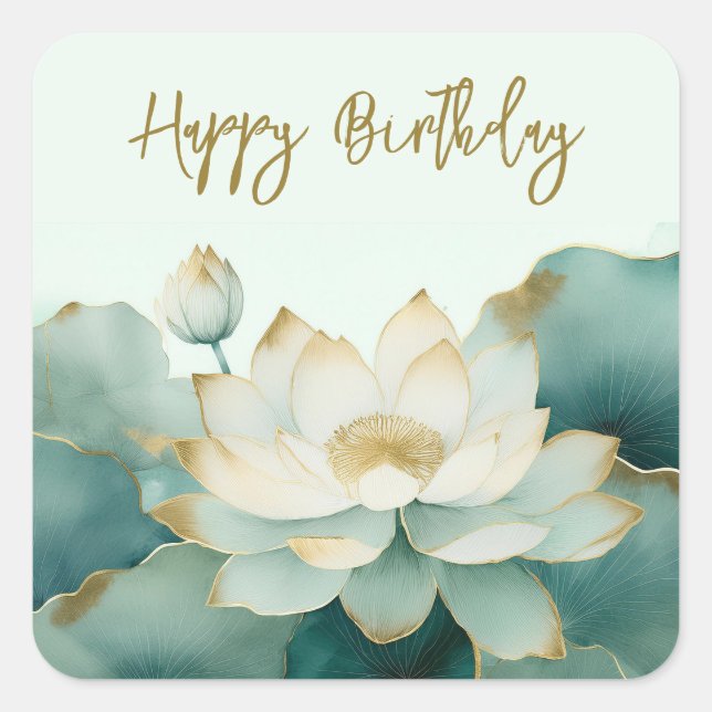  Lotus flower gold edges Happy Birthday Square Sticker (Front)