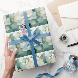  Lotus flower gold edges Happy Birthday Wrapping Paper