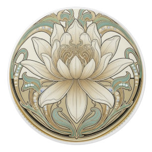 Lotus Flower Green Cream Gold Art Deco Nouveau Ceramic Knob