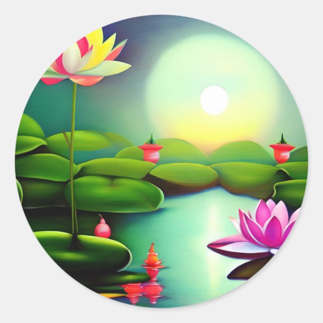 Lotus flower in a pond classic round sticker (Front)