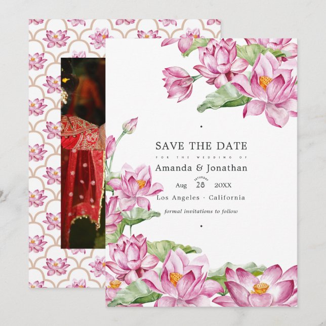 Lotus Flower Indian Wedding Photo Save The Date (Front/Back)