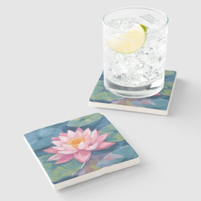 Lotus Flower Lily Pad Watercolor Stone Coaster (Side)