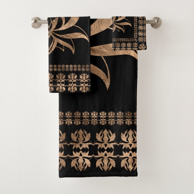 Lotus Flower Luxury ornament - black and gold Bath Towel Set (Insitu)