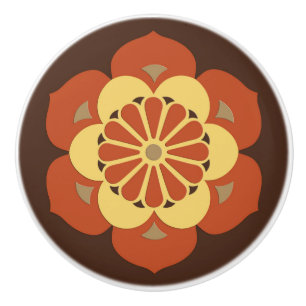 Lotus Flower Mandala, Brown, Rust and Yellow Ceramic Knob