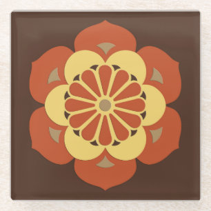 Lotus Flower Mandala, Brown, Rust and Yellow Glass Coaster