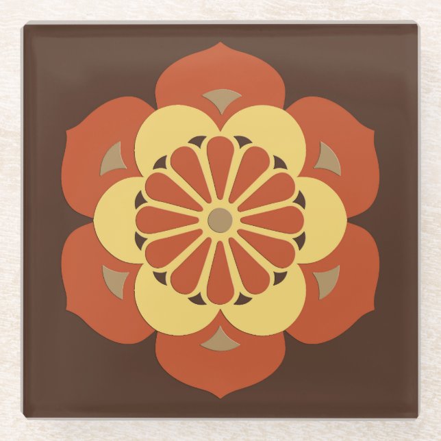 Lotus Flower Mandala, Brown, Rust and Yellow Glass Coaster (Front)