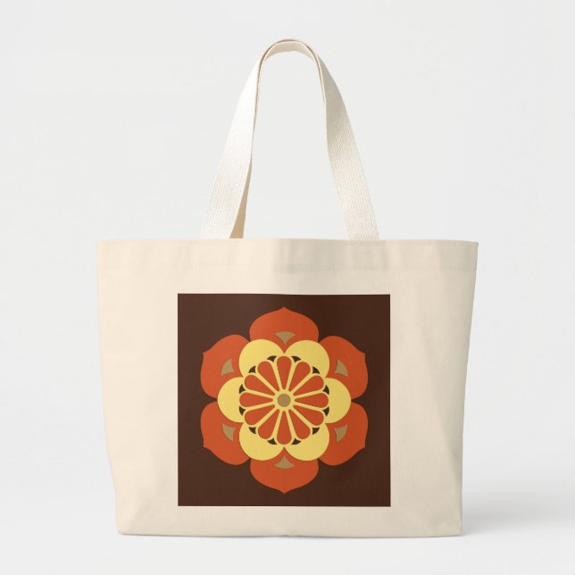 Lotus Flower Mandala, Brown, Rust and Yellow Large Tote Bag (Front)
