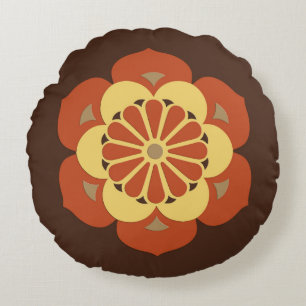 Lotus Flower Mandala, Brown, Rust and Yellow Round Pillow