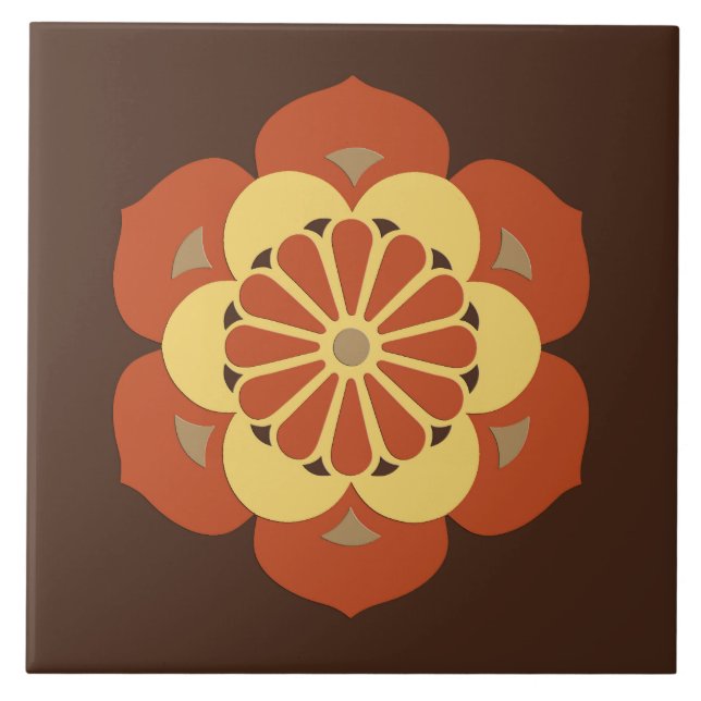 Lotus Flower Mandala, Brown, Rust and Yellow Tile (Front)