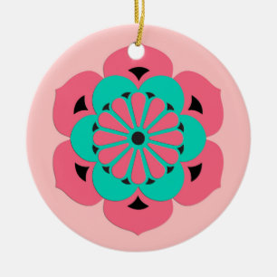 Lotus Flower Mandala, Coral Pink and Turquoise Ceramic Ornament