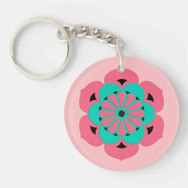 Lotus Flower Mandala, Coral Pink and Turquoise Keychain (Front)