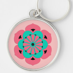 Lotus Flower Mandala, Coral Pink and Turquoise Keychain