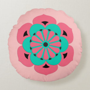 Lotus Flower Mandala, Coral Pink and Turquoise Round Pillow