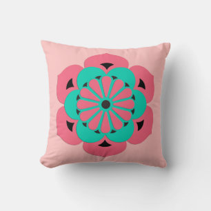 Lotus Flower Mandala, Coral Pink and Turquoise Throw Pillow
