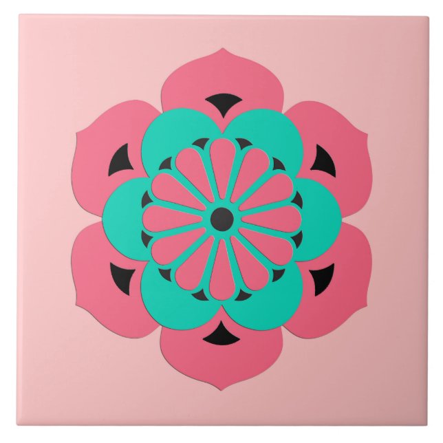 Lotus Flower Mandala, Coral Pink and Turquoise Tile (Front)