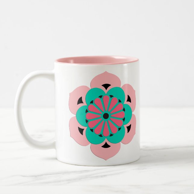 Lotus Flower Mandala, Coral Pink and Turquoise Two-Tone Coffee Mug (Left)