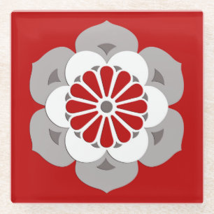 Lotus Flower Mandala, Dark Red, Grey and White Glass Coaster