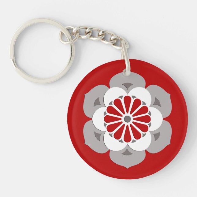 Lotus Flower Mandala, Dark Red, Grey and White Keychain (Front)
